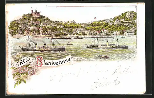 Lithographie Hamburg - Blankenese, Dampfer mit Blick auf den Süllberg