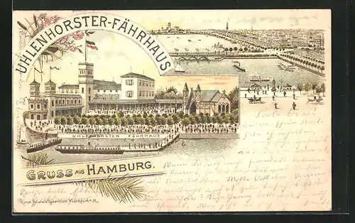 Lithographie Hamburg-Uhlenhorst, Partie am Uhlenhorster-Fährhaus mit Dampfschiff