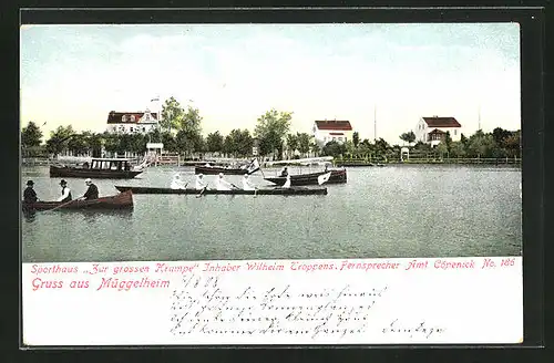 AK Berlin - Müggelheim, Seepartie mit Blick auf Sporthaus Zur grossen Krampe mit Ruderbooten