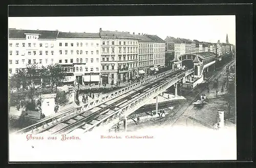 AK U-Bahn, Hochbahnhaltenstelle Cottbuserthor mit Litfasssäule