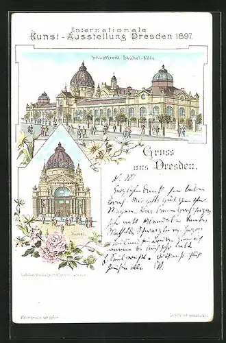 Lithographie Dresden, Internationale Kunst-Ausstellung 1897, Hauptfront Stübel-Allee, Portal