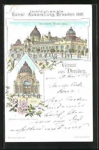 Lithographie Dresden, Internationale Kunst-Ausstellung 1897, Portal und Hauptfront in der Stübel-Allee