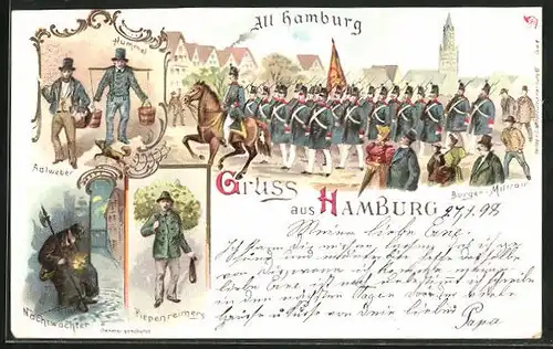 Lithographie Hamburg, Bürger-Militair maschiert durch Hamburg, Nachtwächter, Aalweber