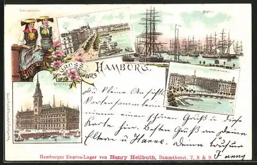 Lithographie Hamburg, Alster-Arkaden aus der Vogelschau, Hafen mit Schiffe, Rathaus