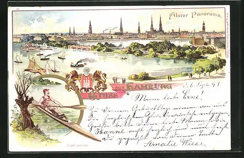 Lithographie Hamburg, Alster Panorama, Wappen