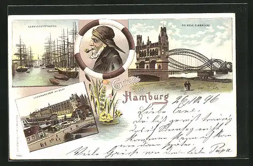Lithographie Hamburg, Elbe mit Elbbrücke, Lagerhäuser mit Quai, Segelschiffhafen