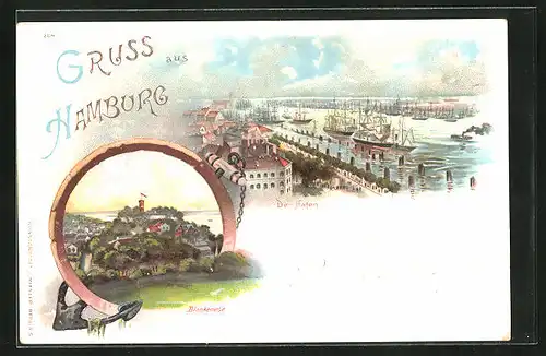 Lithographie Hamburg, Ansicht vom Hafen aus der Vogelschau, Blankenese