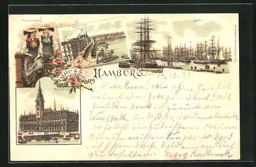 Lithographie Hamburg, Jungfernstieg aus der Vogelschau, Hafen mit Schiffen, Rathaus