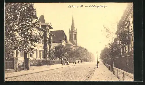 AK Frankfurt-Höchst, Feldberg-Strasse mit Kirche