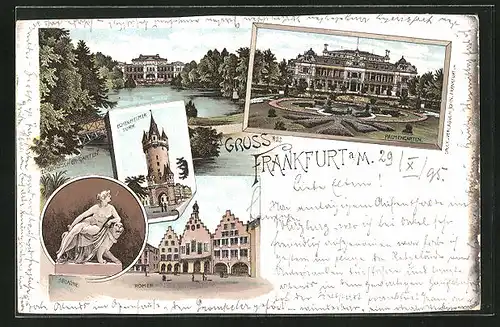 Vorläufer-Lithographie Frankfurt-Westend, 1895, Eichenheimerturm, Zoologischer Garten, Palmengarten mit Schloss
