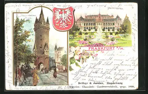 Lithographie Frankfurt-Westend, Eschenheimerturm mit Passanten, Ansicht vom Palmengarten