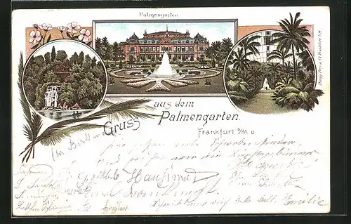 Lithographie Frankfurt-Westend, Ansicht vom Palmengarten, kleiner Wasserfall, Springbrunnen