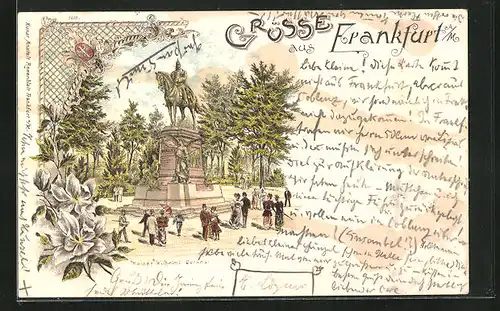 Lithographie Frankfurt, Kaiser Wilhelm-Denkmal mit Passanten