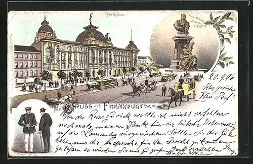 Lithographie Frankfurt, Postgebäude mit Strassenbahn, Kaiser Wilhelm II. Denkmal im Posthof