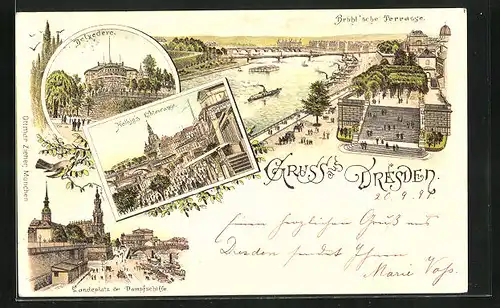 Lithographie Dresden, Belvedere, Brühlsche Terrasse aus der Vogelschau, Jelbig`s Elbterrasse
