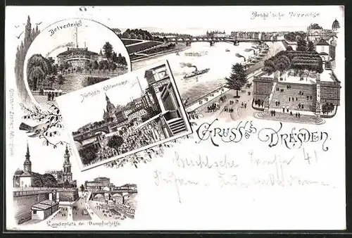 Lithographie Dresden, Landeplatz der Dampfschiffe, Brühl`sche Terrasse, Belvedere