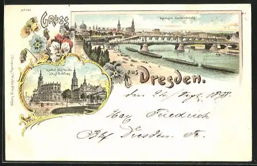 Lithographie Dresden, Königin Carolabrücke, Kathol. Hof. Kirche mit Kgl. Schloss