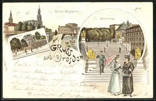 Lithographie Dresden, Kath. Kirche mit Hoftheater, Belvedere, Brühl`sche Terrasse