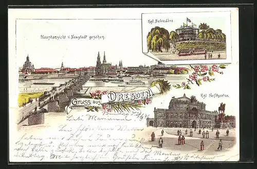 Lithographie Dresden, Kgl. Belvedére mit Strassenbahn, Kgl. Hoftheater, Hauptansicht v. Neustadt gesehen