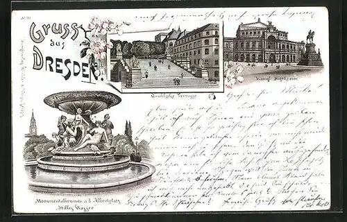 Lithographie Dresden, Königliches Hoftheater, Brühl`sche Terrasse, Monumentalbrunnen a. d. Albertplatz Stilles Wasser