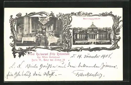 AK Berlin, Reichstagsgebäude, Restaurant von Fritz Riebenstahl an der Strasse Unter den Linden 33