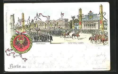Lithographie Berlin, Feststrasse Unter den Linden, Soldaten maschieren