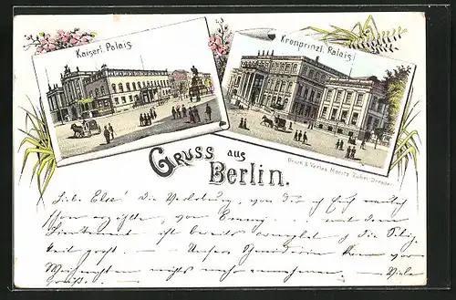 Vorläufer-Lithographie Berlin, 1895, Kronprinzl. Palais, Kaiserl. Palais
