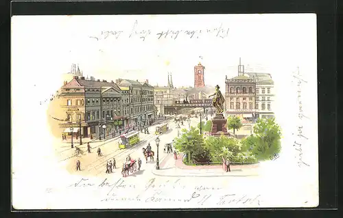 Lithographie Berlin, Alexanderplatz mit Berolina, Strassenbahn
