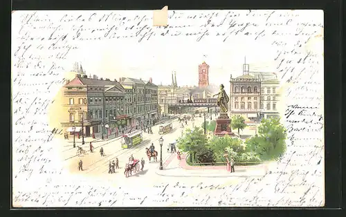 Lithographie Berlin, Alexanderplatz mit Berolina und Strassenbahn