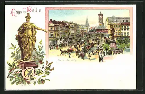 Lithographie Berlin, Alexanderplatz mit Berolina und Strassenbahn