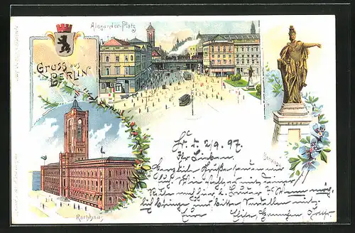 Lithographie Berlin, Alexanderplatz mit Strassenbahn und Berolina, Rathaus