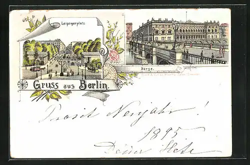 Vorläufer-Lithographie Leipzigerplatz aus der Vogelschau, 1894, Börse mit Brücke