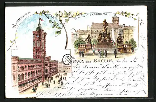 Lithographie Berlin, Rathaus in der Königsstrasse, Lutherdenkmal mit Fontaine
