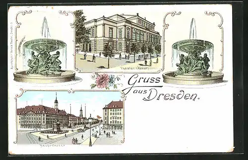 Lithographie Dresden-Neustadt, Hauptstrasse mit Denkmal, Theater, Springbrunnen