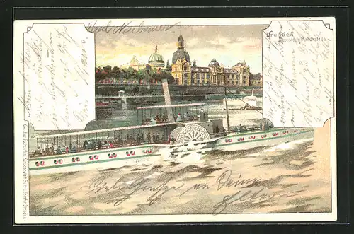 Lithographie Dresden-Neustadt, Dampfschifflandestelle mit Stadtansicht