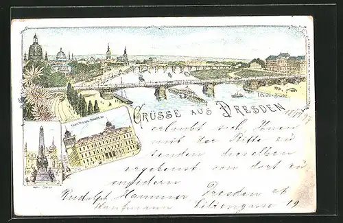 Lithographie Dresden, Carola-Brücke mit Stadtansicht, Wettin Obelisk