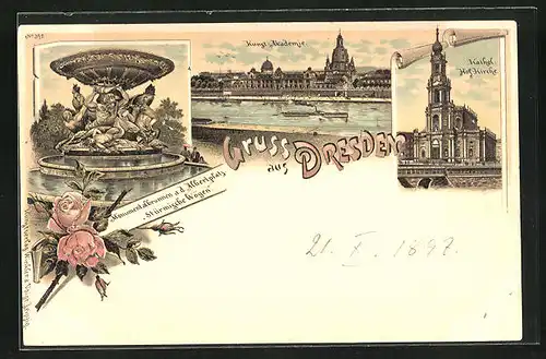 Lithographie Dresden, Kunst-Akademie, Kathol. Hof-Kirche, Monumentalbrunnen a. d. Albertplatz Stürmische Wogen