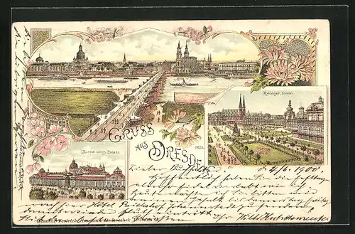 Lithographie Dresden, Ausstellungs-Palast, Inneres vom Zwinger, Totalansicht von Dresden