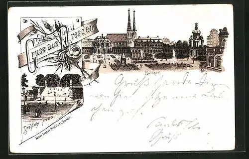 Lithographie Dresden, Brühl`sche Terrassen, Zwinger mit Springbrunnen