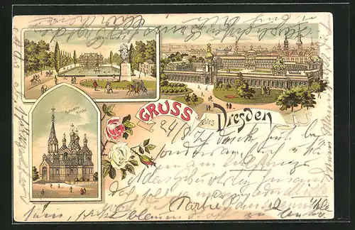 Lithographie Dresden, Russische Kirche, Palais Gr. Garten, Kgl. Zwinger