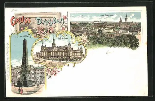 Lithographie Dresden, Kgl. Schloss, Der Zwinger aus der Vogelschau, Wettin Obelisk