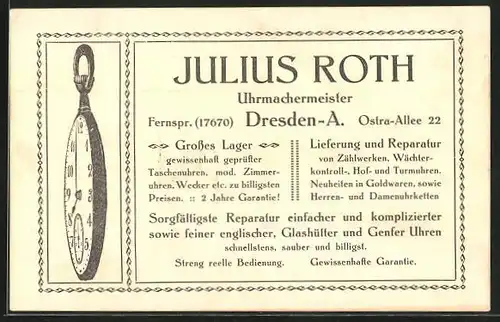 AK Dresden, Uhrmachermeister Julius Roth in der Ostra-Allee 22