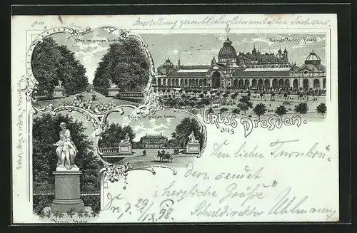 Lithographie Dresden, Ausstellung-Palast, Allee im grossen Garten, Palais im grossen Garten