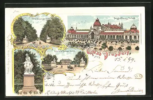 Lithographie Dresden, Ausstellung-Palast, Allee im grossen Garten, Palais im grossen Garten