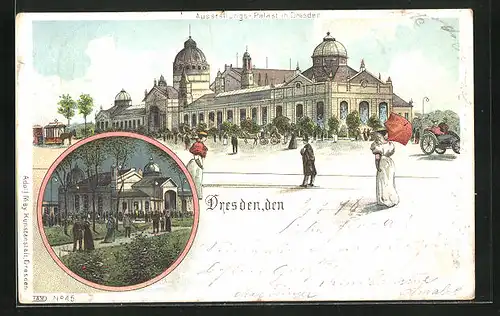 Lithographie Dresden, Ausstellungspalast mit Passanten