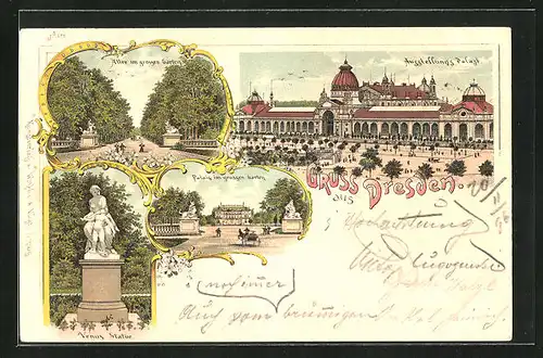 Lithographie Dresden, Ausstellung-Palast, Allee im grossen Garten, Palais im grossen Garten