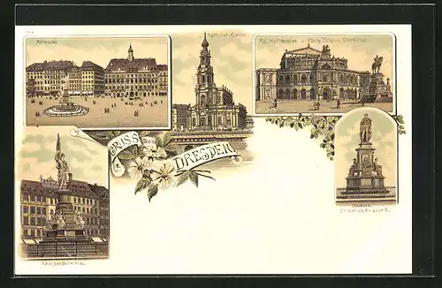 Lithographie Dresden, Kgl. Hoftheater mit König Johann-Denkmal, Altmarkt, Kriegerdenkmal