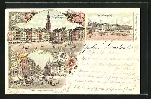 Lithographie Dresden, Hauptbahnhof, Altmarkt mit Siegesdenkmal, König Johannstrasse