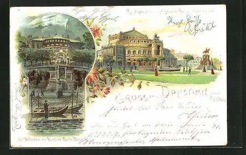 Lithographie Dresden, Kgl. Hoftheater i. d. Aötstadt m. König Johann-Denkmal, Kgl. Belvedere