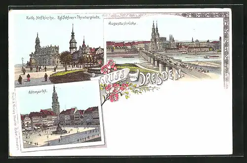 Lithographie Dresden, Altmarkt aus der Vogelschau, Kath. Hofkirche mit Kgl. Schloss, Augustusbrücke
